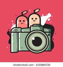 a camera illustration with two funny characters behind it