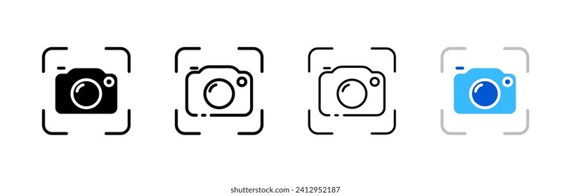 Camera inside lens icons. Different styles, camera icon, lens around the camera. Vector icons