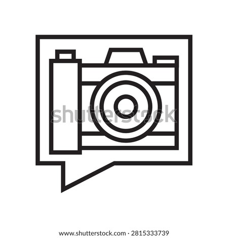 Camera inside a speech bubble line icon, photography blog, forum, or community symbol in vector outline.
