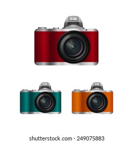 camera with interchangeable lens, compact photocas color set with leather trim in retro style on a white background