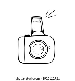 A camera with an interchangeable lens and on-camera flash. Doodle vector illustration, simple cartoon line art. Isolated, mockup template.