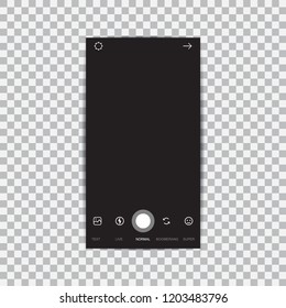 Camera interface frame with flat icons isolated on black background.