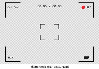 Camera interface mockup. Mobile video camera template on transparent background. Isolated photo ui. Camcorder illustration. Focus and record sign. Vector EPS 10