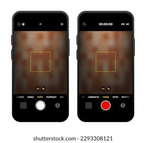 Camera interface on smartphone screen. Photo, video ui in mobile phone. Application for recording. Photo and video shooting. Viewfinder, focus and button record. Vector illustration.