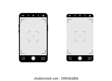 Camera interface in phone screen. Camera screen phone mobile interface app. Photo, video ui in cellphone. Smartphone mockup for photography, selfie and video. Vector illustration