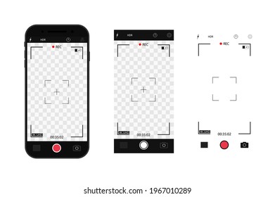 Camera interface in phone screen. Photo, video ui in cellphone. App for record from mobile cam. Viewfinder, grid, focus, button and rec. Smartphone mockup for photography, selfie and video. Vector.