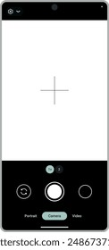 Camera interface in phone screen. Photo, video ui in cellphone. App for record from mobile cam. Viewfinder, grid, focus, button and rec. Smartphone mockup for photography, selfie and video. Vector