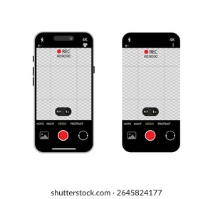 Camera interface in phone screen. Photo, video ui in cellphone. App for record from mobile cam. Viewfinder, grid, focus, button and rec. Smartphone for photography, selfie and video interface. Vector.