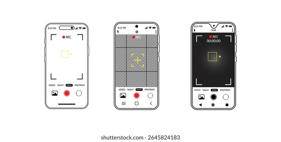 Camera interface in phone screen. Photo, video ui in cellphone. App for record from mobile cam. Viewfinder, grid, focus, button and rec. Smartphone for photography, selfie and video interface. Vector.