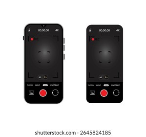 Camera interface in phone screen. Photo, video ui in cellphone. App for record from mobile cam. Viewfinder, grid, focus, button and rec. Smartphone for photography, selfie and video interface. Vector.