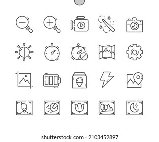 Camera interface. Zoom out. Brightness, retouch, geolocation, crop and panoramic. Portrait mode. Gallery. Pixel Perfect Vector Thin Line Icons. Simple Minimal Pictogram