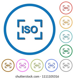 Camera iso speed setting flat color vector icons with shadows in round outlines on white background