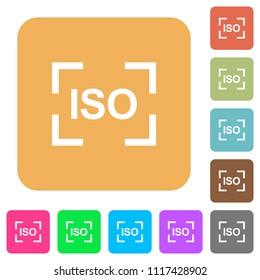 Camera iso speed setting flat icons on rounded square vivid color backgrounds.