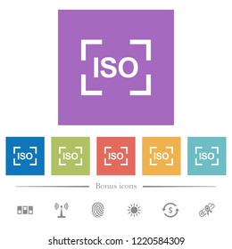 Camera iso speed setting flat white icons in square backgrounds. 6 bonus icons included.