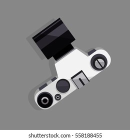 Camera isolated on gray background. Flat icon with shadow. Hand drawn vector illustration. Top view