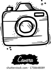 Camera isolated on white background. Vintage black vector engraving illustration. Hand drawn in a graphic style.