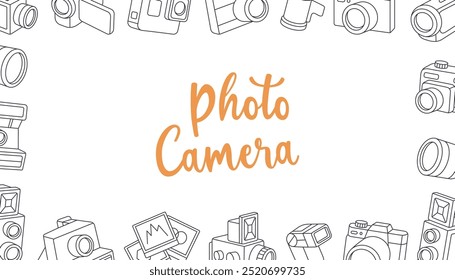 Camera kit horizontal outline banner. Photo studio set. Video cam, instant camera, film strips, photo frames, external flash. Vector illustration.