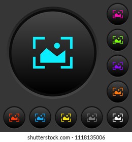 Camera landscape mode dark push buttons with vivid color icons on dark grey background