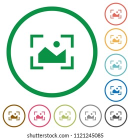 Camera landscape mode flat color icons in round outlines on white background