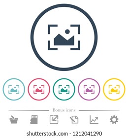 Camera landscape mode flat color icons in round outlines. 6 bonus icons included.