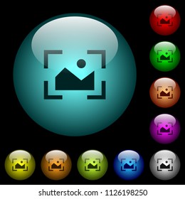 Camera landscape mode icons in color illuminated spherical glass buttons on black background. Can be used to black or dark templates