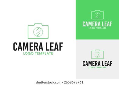 Camera with leaf for eco photography logo design template vector illustration