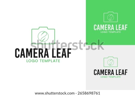 Camera with leaf for eco photography logo design template vector illustration