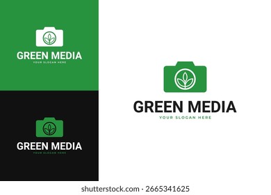 Cámara con la hoja para la idea verde de la Ilustración vectorial de la Plantilla del diseño del logotipo de los medios