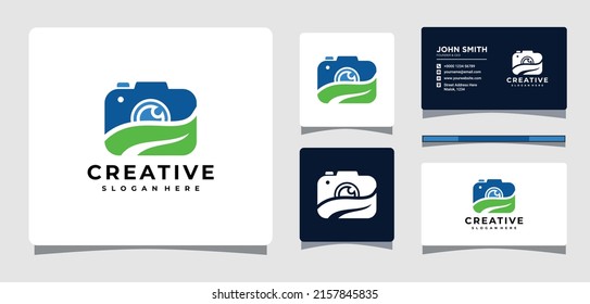 Camera Leaf Nature Photography Logo Template With Business Card Design Inspiration