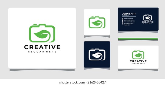Camera Leaf Nature Photography Logo Template With Business Card Design Inspiration
