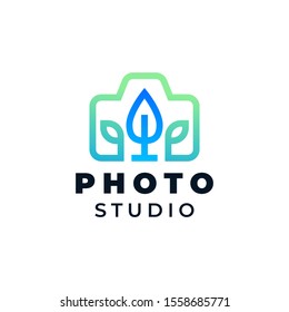 Camera with leaf and sprout concept illustration for logo template design.