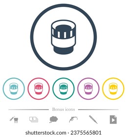 La lente de la cámara alterna los iconos de color plano en contornos redondos. 6 iconos de bonificación incluidos.
