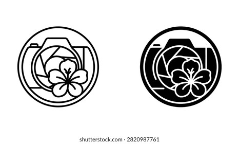 of a camera lens aperture combined with a flower, shown as a black outline and a solid black silhouette on a white background.