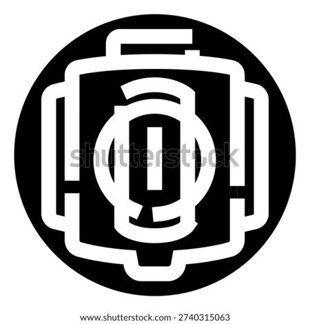 Camera lens aperture icon stylized within a geometric camera body, conveying photography, media, and technology concepts for visual identity, branding, and digital design projects