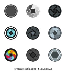 Camera lens aperture icons set. Flat illustration of 9 camera lens aperture vector icons for web