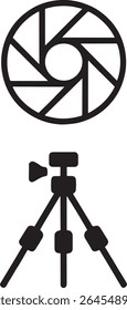 Camera Lens Aperture and Tripod Symbolizing Photography and Videography Equipment