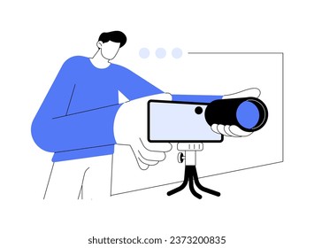 Camera lens attachment abstract concept vector illustration. Man using smartphone camera lens attachment, mobile technology, phone accessories, taking photos with gadgets abstract metaphor.