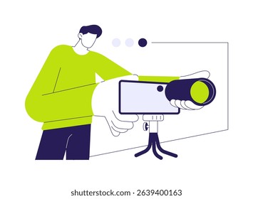 Camera lens attachment abstract concept vector illustration. Man using smartphone camera lens attachment, mobile technology, phone accessories, taking photos with gadgets abstract metaphor.