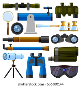 Camera lens and binoculars glass, spypyglass optics ocular device optical equipment spyglass, telescope vector illustration