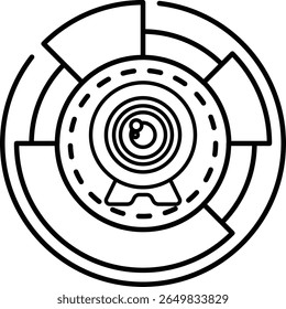A camera lens with a black background. The lens is surrounded by a circle with a black border