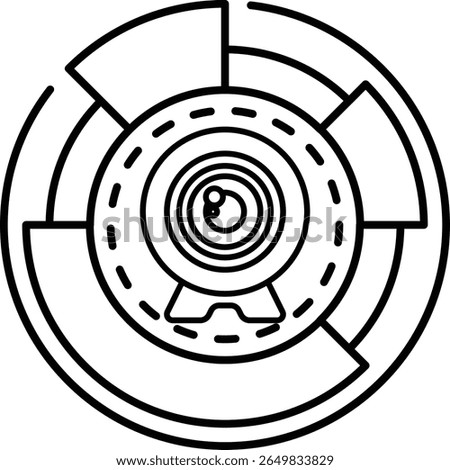 A camera lens with a black background. The lens is surrounded by a circle with a black border
