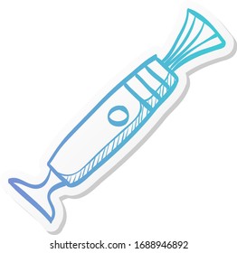 Camera lens cleaner icon in sticker color style. Electronic photography work tool repair service maintenance
