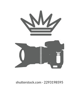 Camera lens and crown icon on white background. Vector illustration. Eps 10.