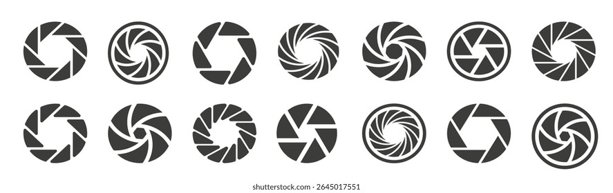 Diafragma da lente da câmera. Conjunto de ícones de abertura. Ícones do obturador da câmera. Ilustração isolada de vetor. vetor