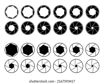 Camera lens diaphragm aperture icons, animation of shutter, vector photography. Photo camera lens diaphragm and aperture focus, animated film video objective opening and zoom snap for app