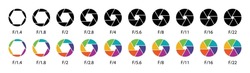 Camera lens diaphragm collection. Aperture icon symbol set in black and colors. Camera lens diaphragm row with aperture value numbers. Shutter camera aperture lens icon set. Different style.