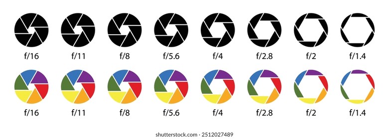 Coleção de diafragmas para lentes de câmera. Símbolo de ícone de abertura definido em preto e cores. Fileira de diafragma de lente de câmera com números de valores de abertura. Conjunto de ícones de lentes de abertura da câmera do obturador. Estilo diferente.