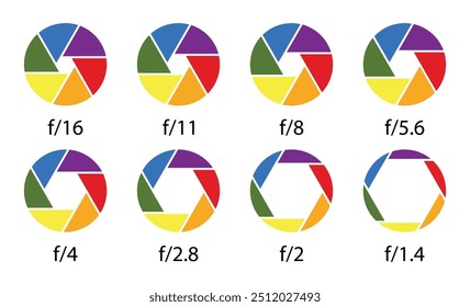 Coleção de diafragmas para lentes de câmera. Símbolo de ícone de abertura definido em cores. Diafragma da lente da câmera. Ícone de vetor de lente de abertura da câmera do obturador definido em cores. Estilo diferente. Ilustração vetorial.