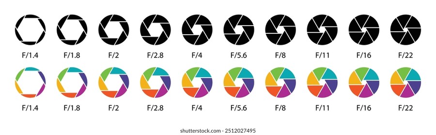 Coleção de diafragmas para lentes de câmera. Símbolo de ícone de abertura definido em preto e cores. Fileira de diafragma de lente de câmera com números de valores de abertura. Conjunto de ícones de lentes de abertura da câmera do obturador. Estilo diferente.