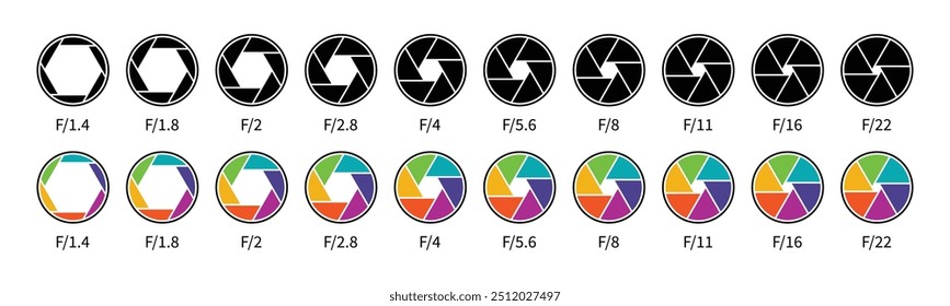 Coleção de diafragmas para lentes de câmera. Símbolo de ícone de abertura definido em preto e cores. Fileira de diafragma de lente de câmera com números de valores de abertura. Conjunto de ícones de vetor de lentes de abertura da câmera do obturador. Estilo diferente.